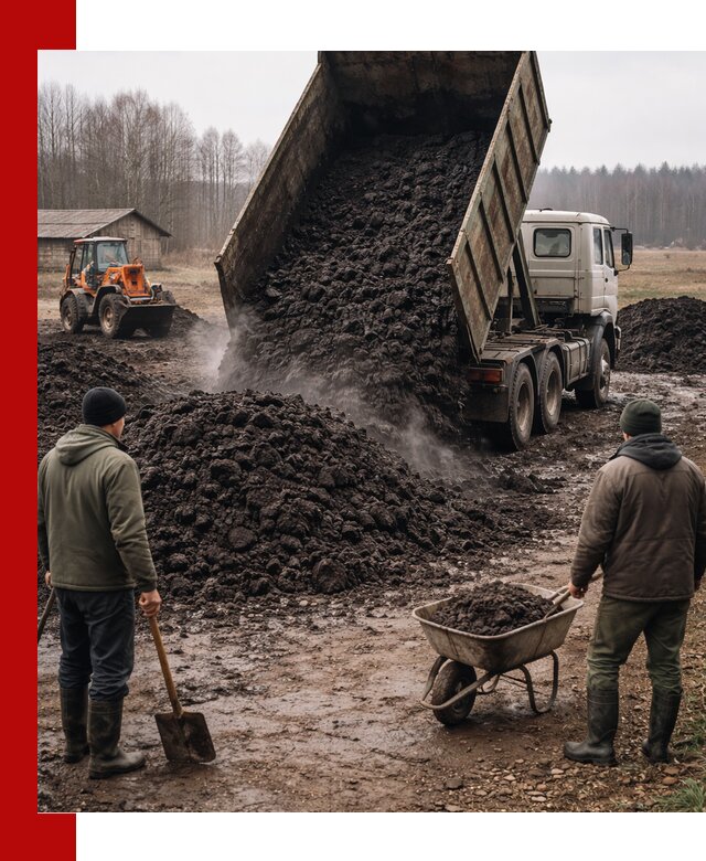 Доставка низинного торфа с разгрузкой и доставкой в Соликамске